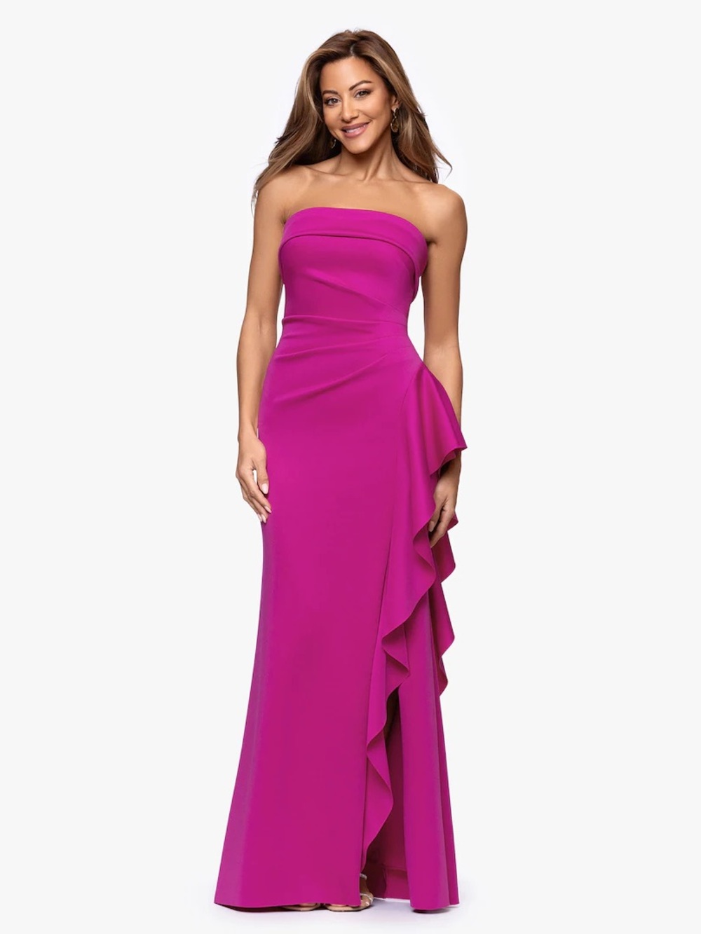 Xscape Strapless Ruffled Gown in Fuchsia Pink